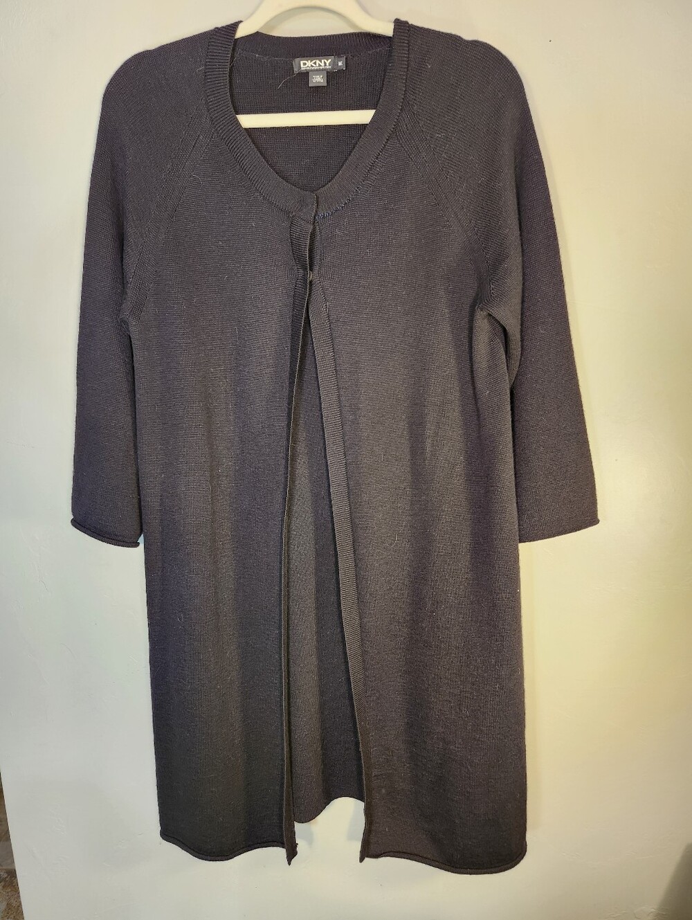 DKNY Black 100% Merino Wool Open-Front Knit Cardigan